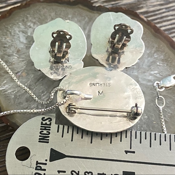 Vintage Pink Shell clip earrings & pin/necklace  Sterling 925 signed - Picture 9 of 11